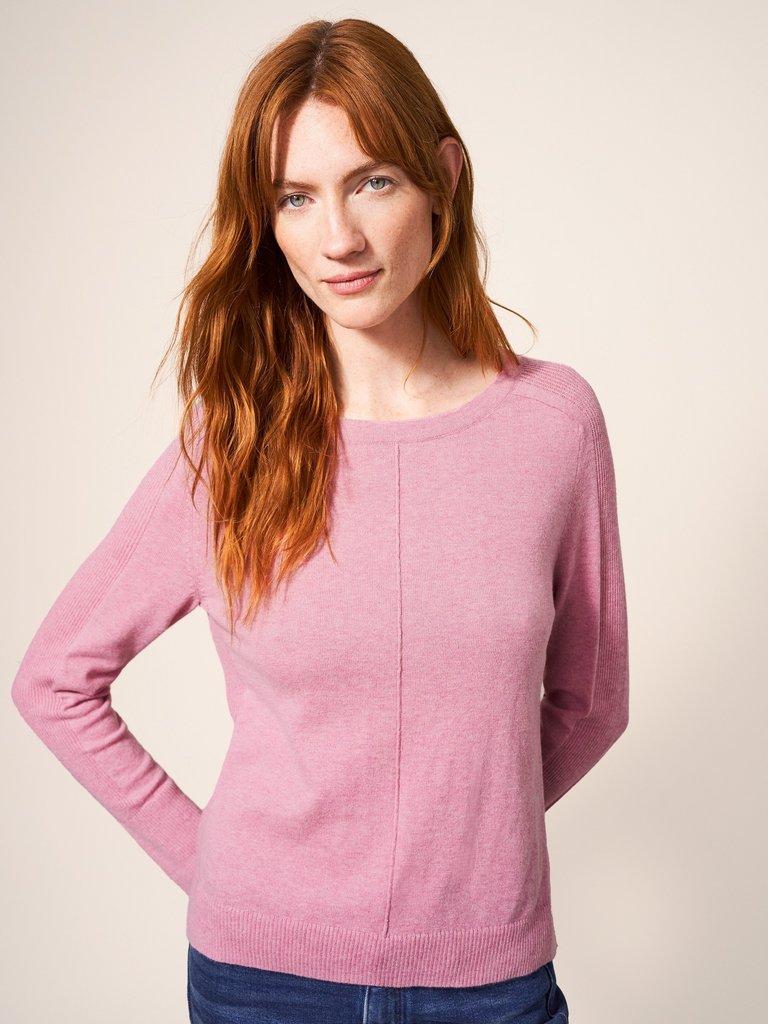 Albie Jumper in CHERRY PINK PLAIN - MODEL DETAIL