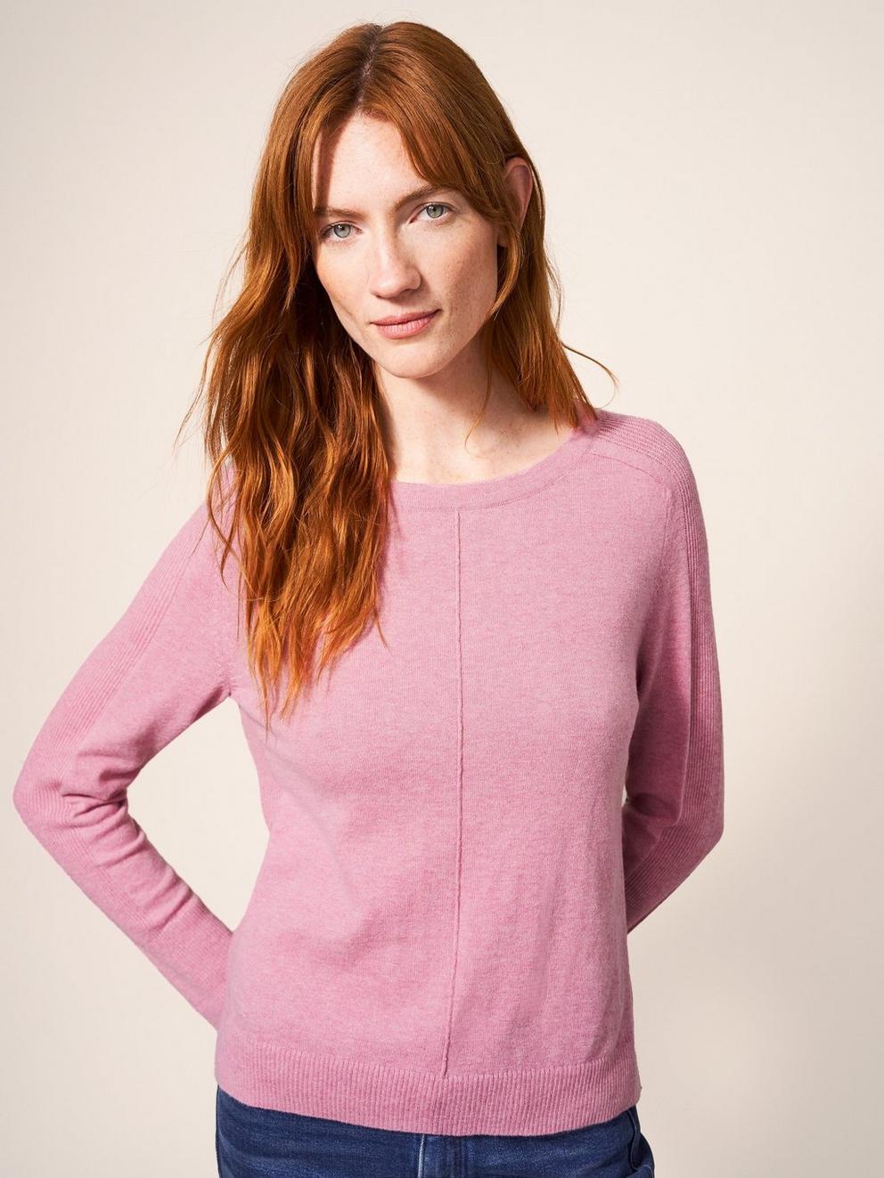 Albie Jumper in CHERRY PINK PLAIN - MODEL DETAIL