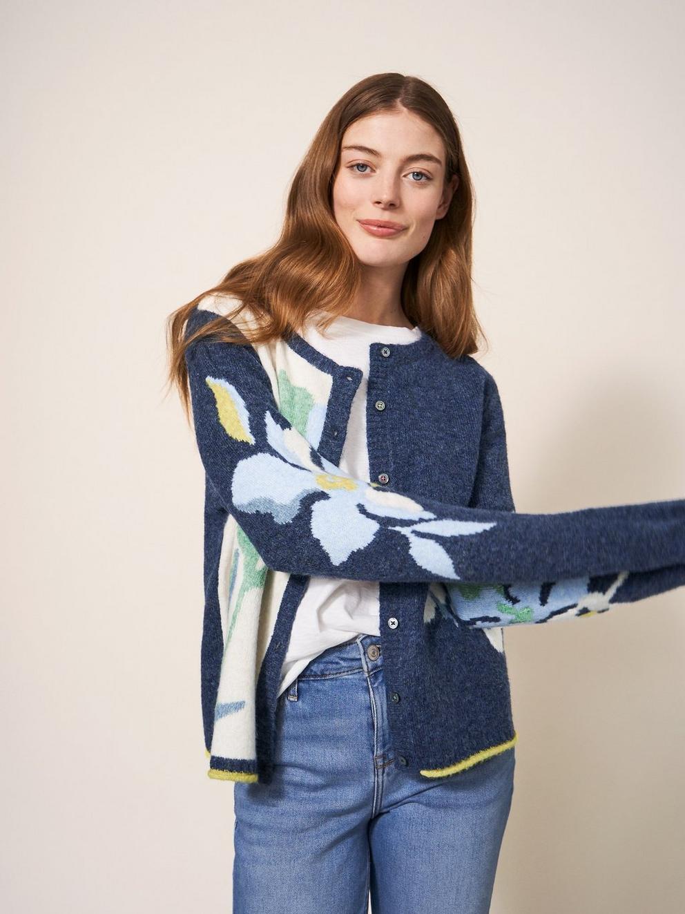 Fluttering Hearts Cardi in NAVY MIX - MODEL FRONT