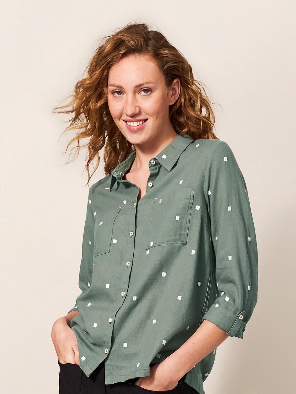 Marigold Dream Jersey Shirt in IVY GREEN PLAIN - MODEL FRONT