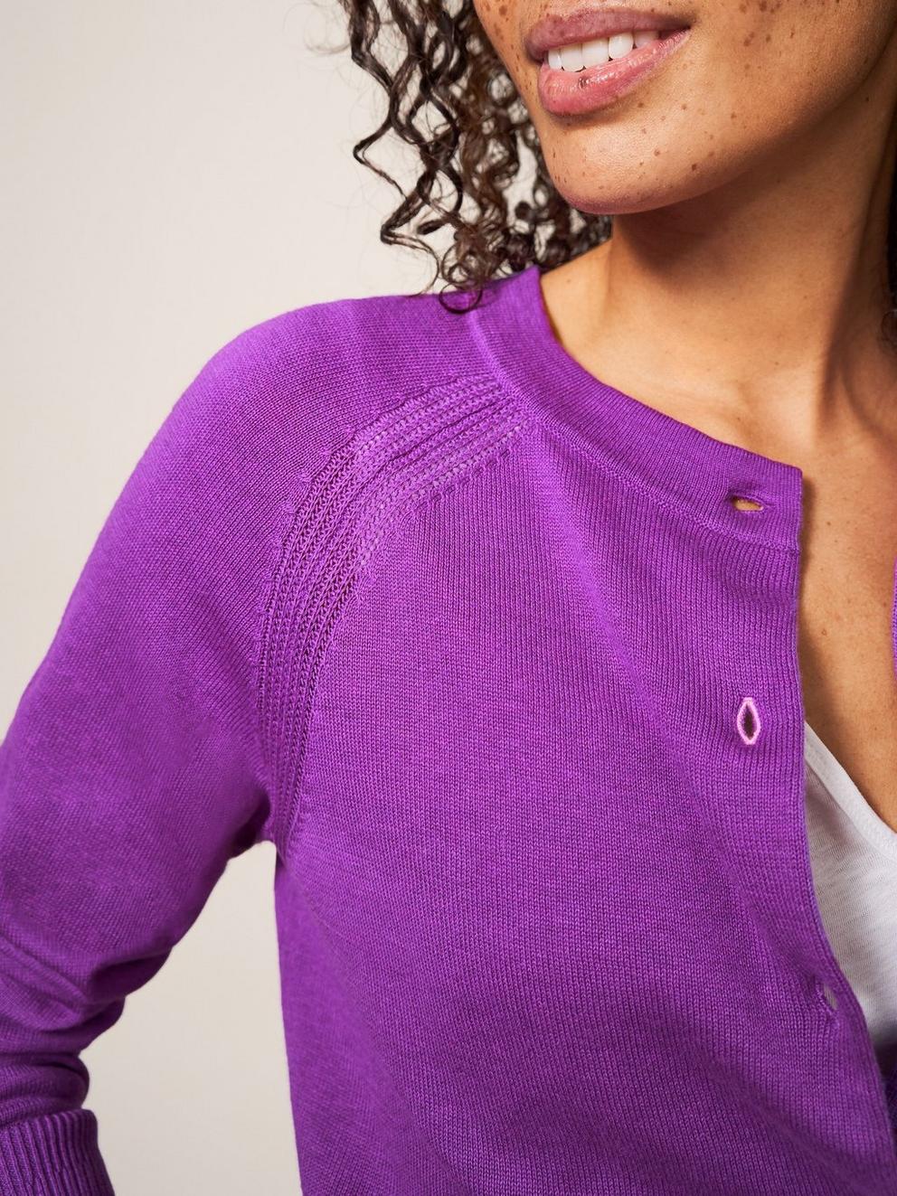 Promenade Button Cardigan in LILAC - MODEL DETAIL