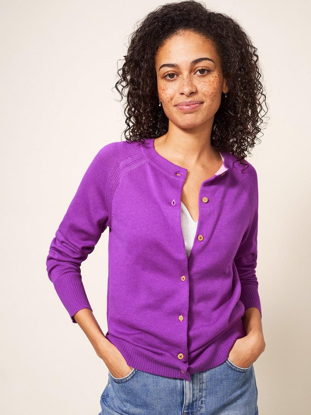 Promenade Button Cardigan in LILAC - MODEL FRONT