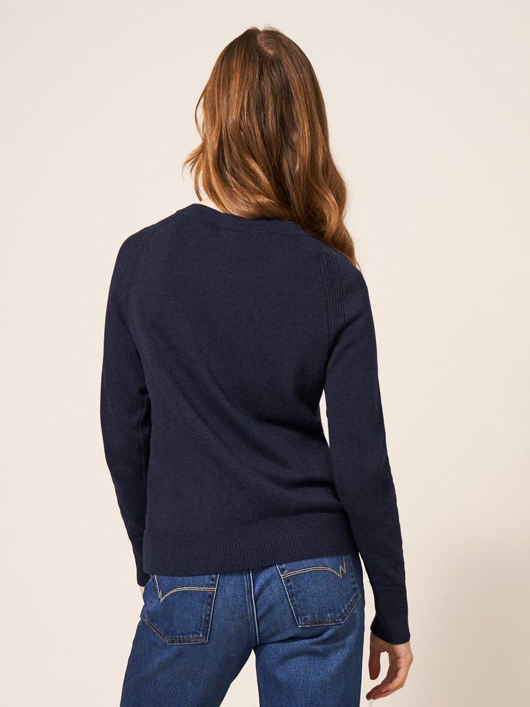 Promenade Button Cardigan in NAVY - MODEL BACK