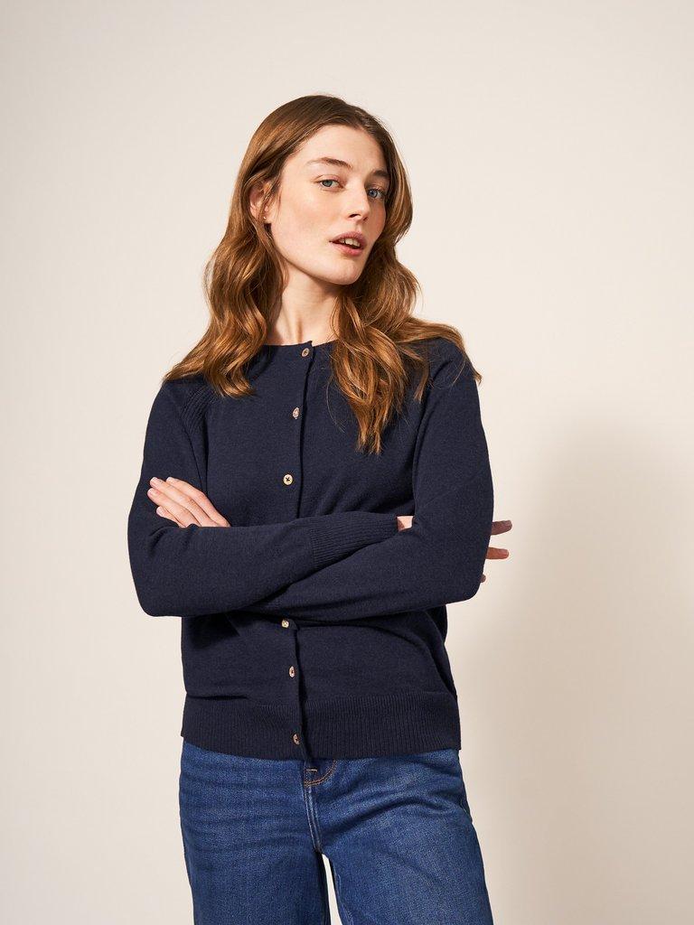 Promenade Button Cardigan in NAVY - MODEL FRONT