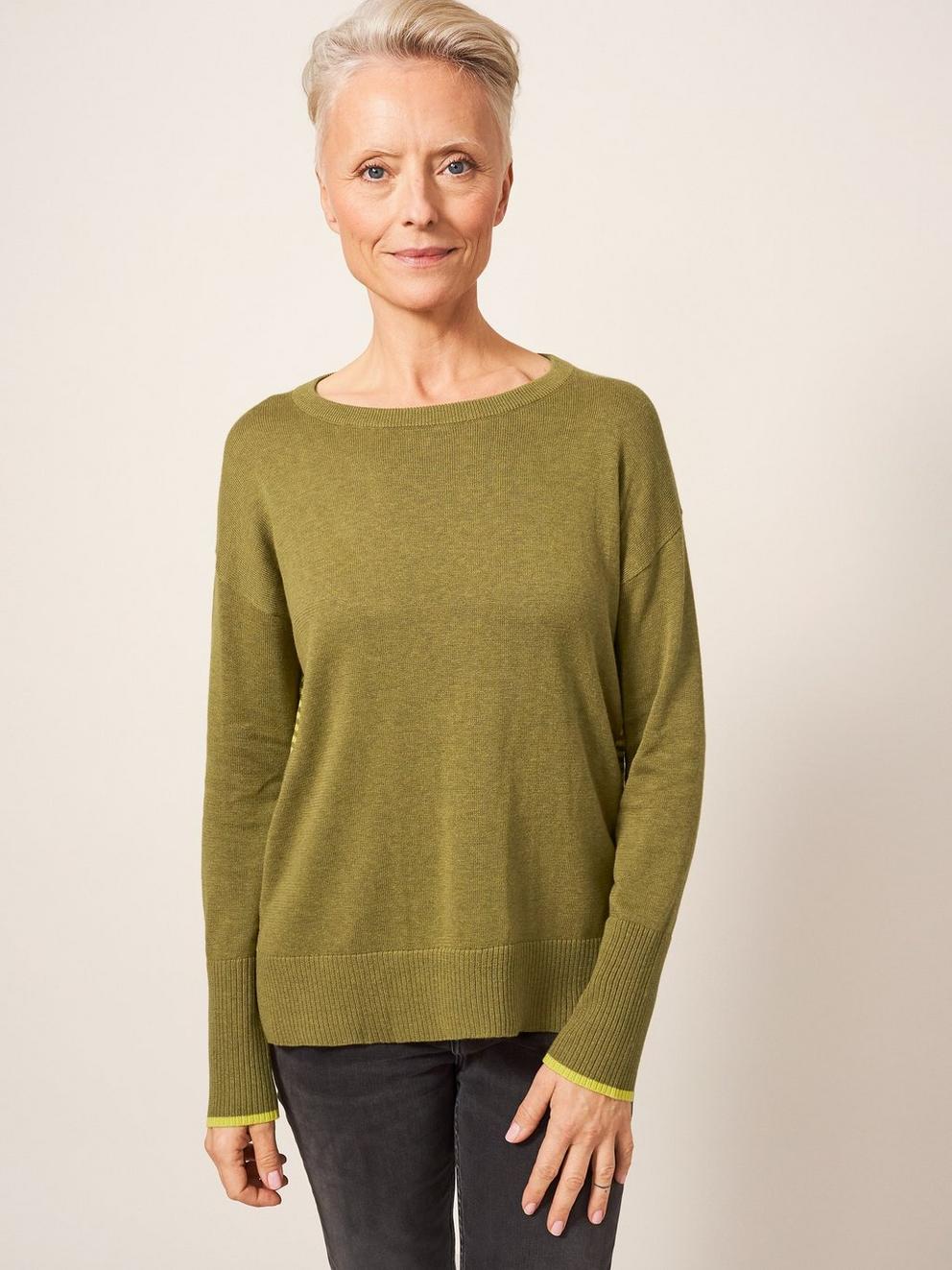 Promenade Cotton Jumper in KIWI GREEN PLAIN - MODEL FRONT