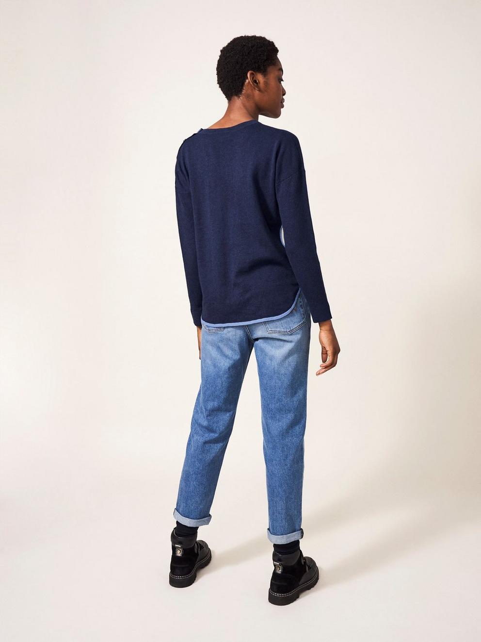 Promenade Cotton Jumper in NAVY PLAIN - MODEL BACK