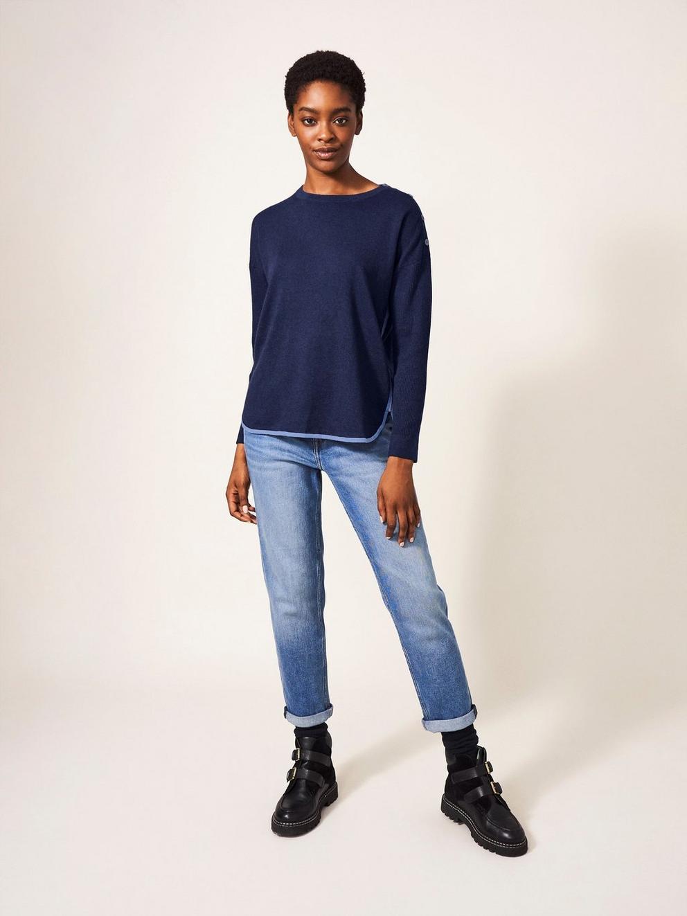 Promenade Cotton Jumper in NAVY PLAIN - MODEL FRONT