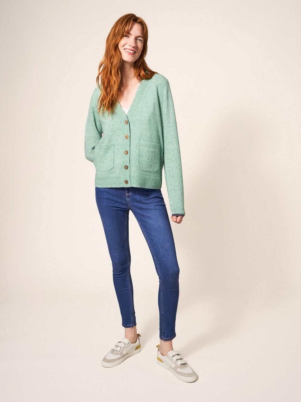 Ivy Cardigan in GREEN - MODEL FRONT