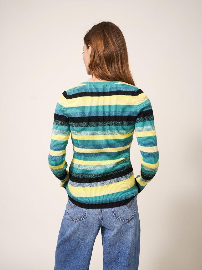 Cashmere Willow Stripe Jumper in GREEN STRIPE - MODEL BACK