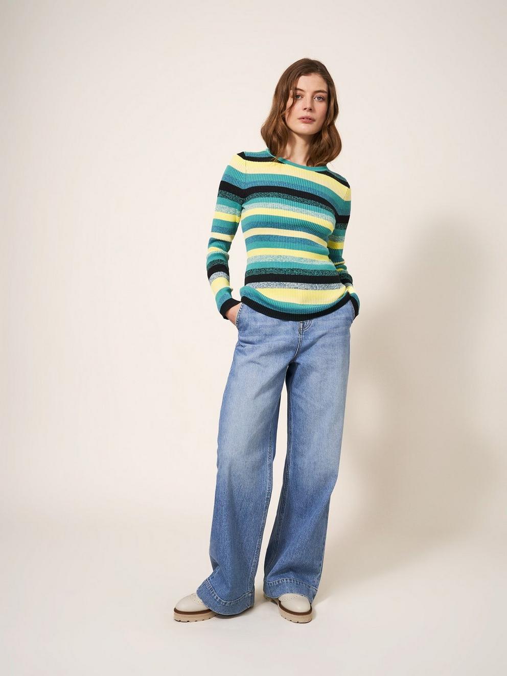 Cashmere Willow Stripe Jumper in GREEN STRIPE - MODEL FRONT