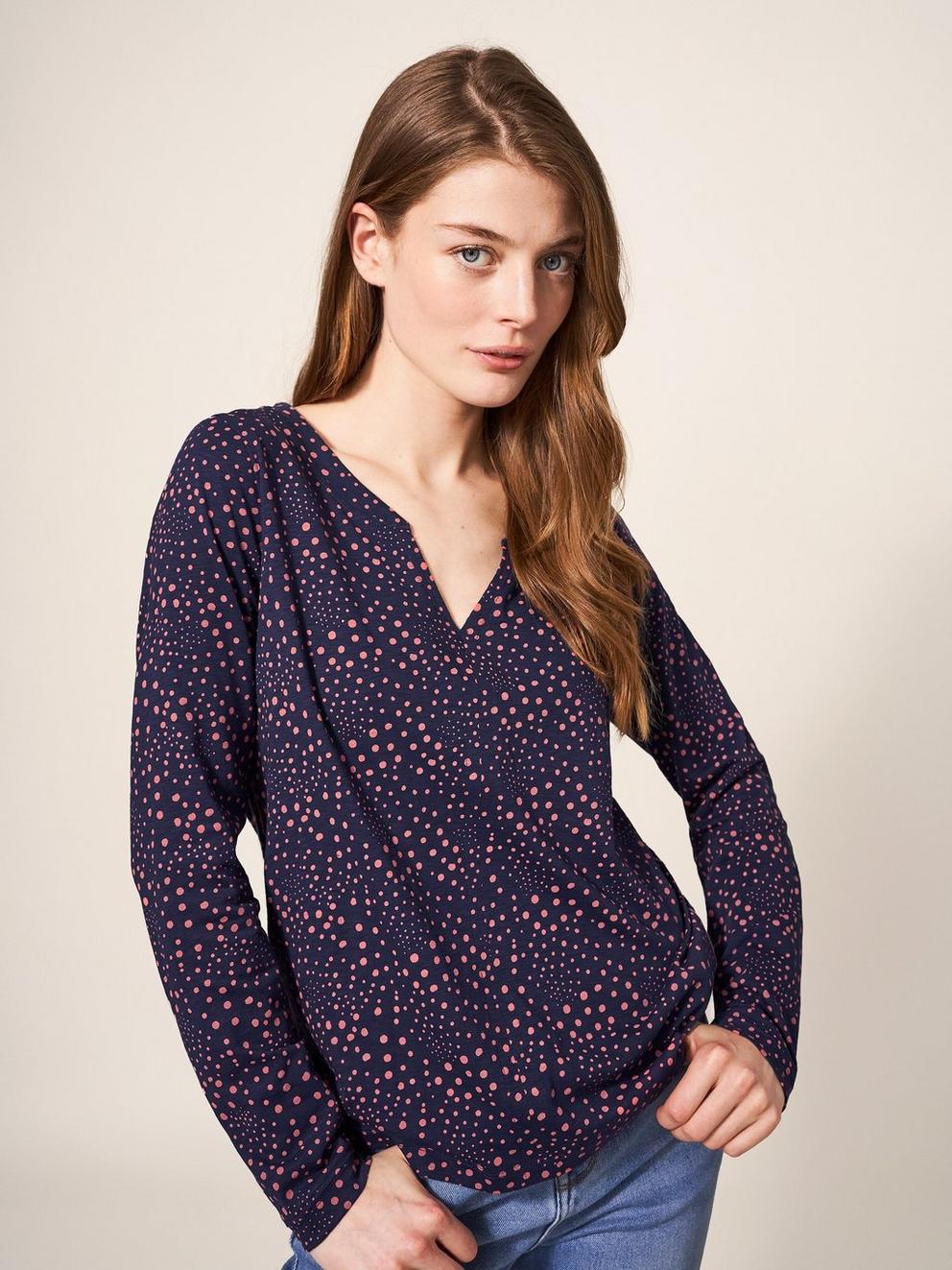 Delilah Jersey Shirt in VIOLET PURPLE PRINT - MODEL DETAIL