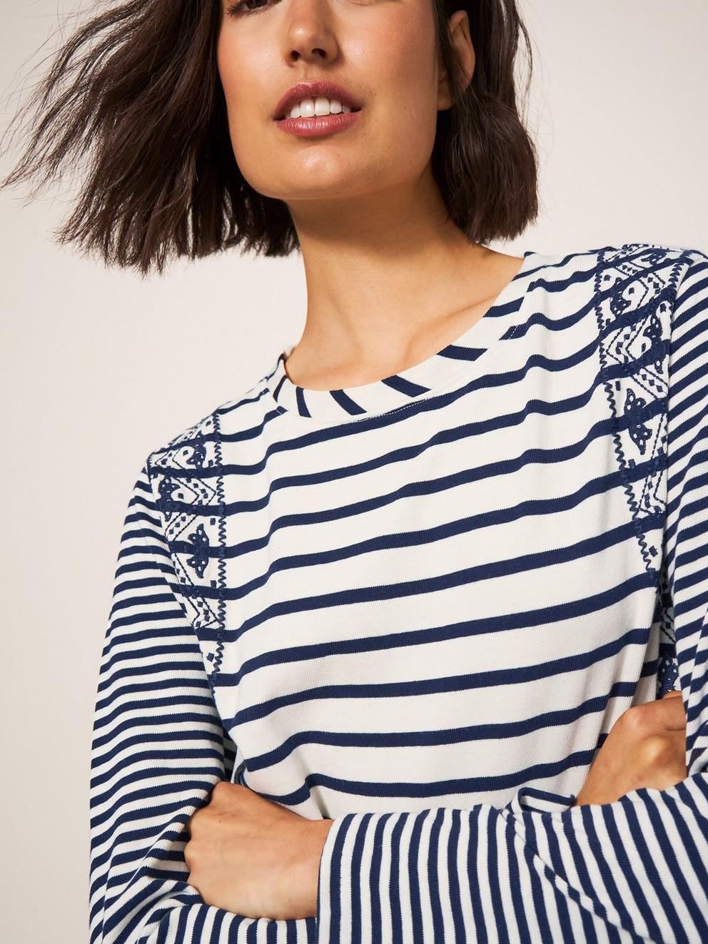 Shoreline Jersey Tee in QUARTZ BLUE STRIPE - MODEL DETAIL