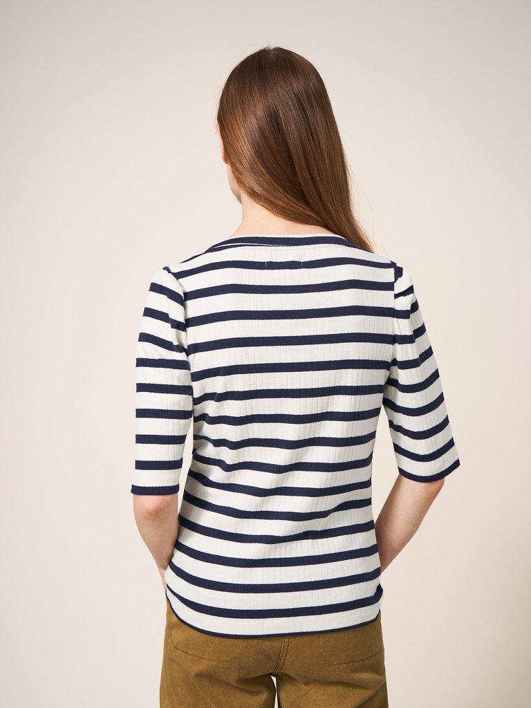 Essence Organic Cotton Tee in NAVY STRIPE - MODEL BACK