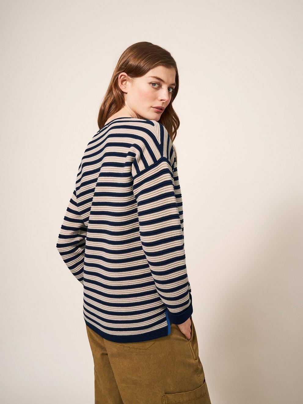 North Cote Jersey Sweat in NAVY STRIPE - MODEL BACK