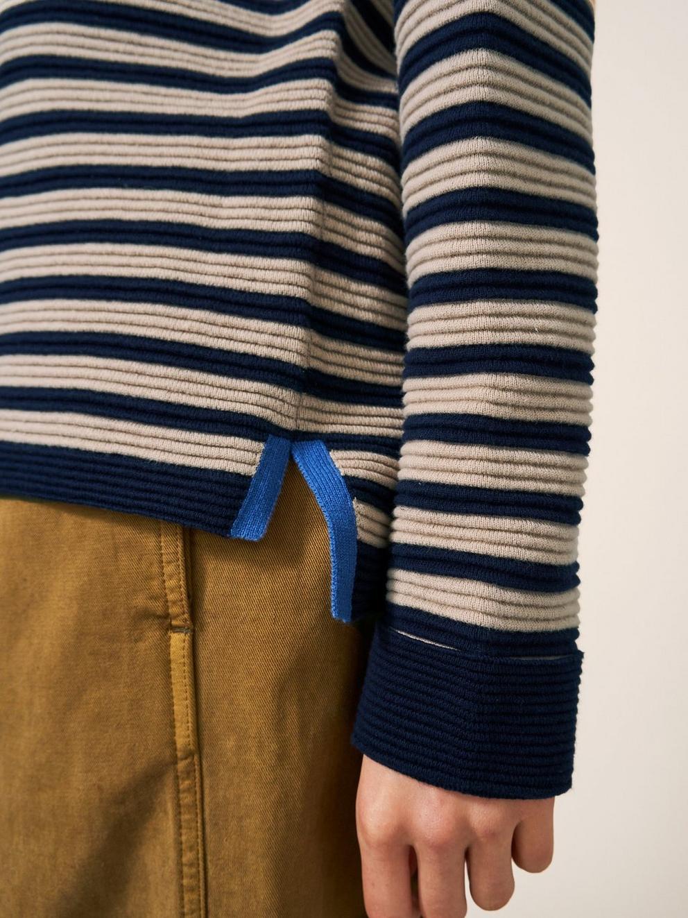 North Cote Jersey Sweat in NAVY STRIPE - MODEL DETAIL