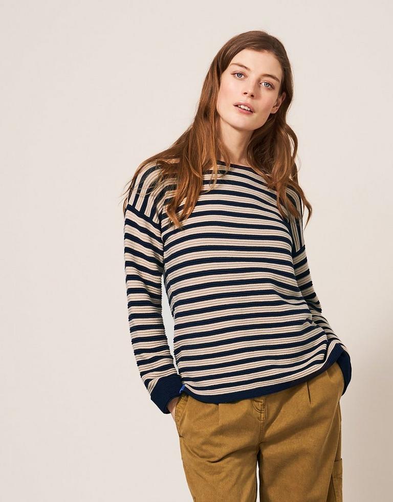 North Cote Jersey Sweat in NAVY STRIPE - MODEL FRONT