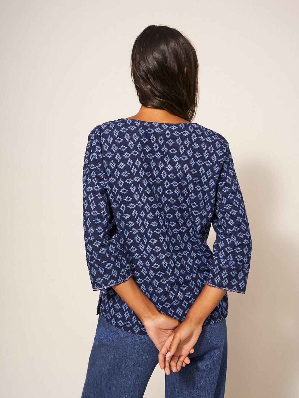 Little Secret Top in VELVET BLUE PRINT - MODEL BACK