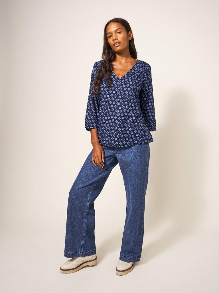 Little Secret Top in VELVET BLUE PRINT - MODEL FRONT