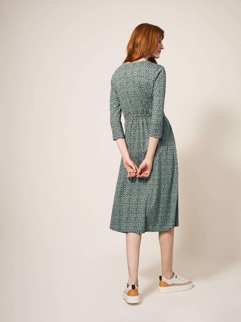 Albie Dress in GREEN PRINT - MODEL BACK