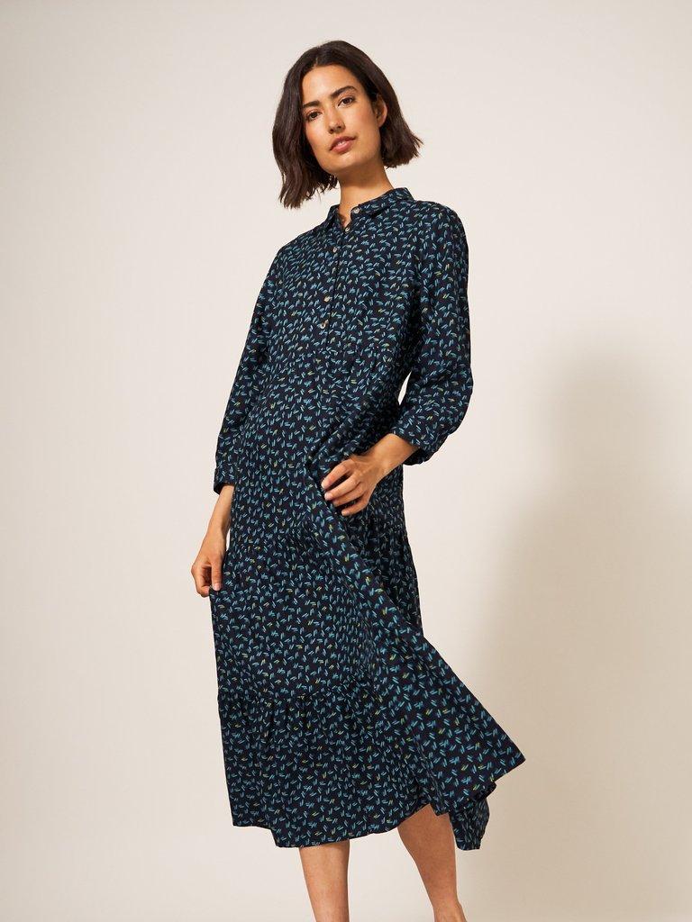 Anet Wrap Dress in BLUE PRINT - MODEL FRONT