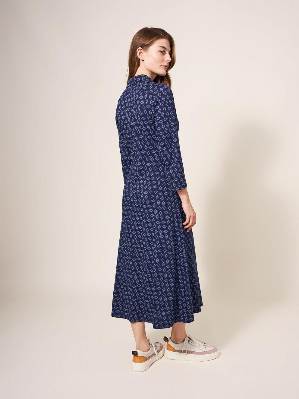 Petra Cord Dress in VELVET BLUE PRINT - MODEL BACK