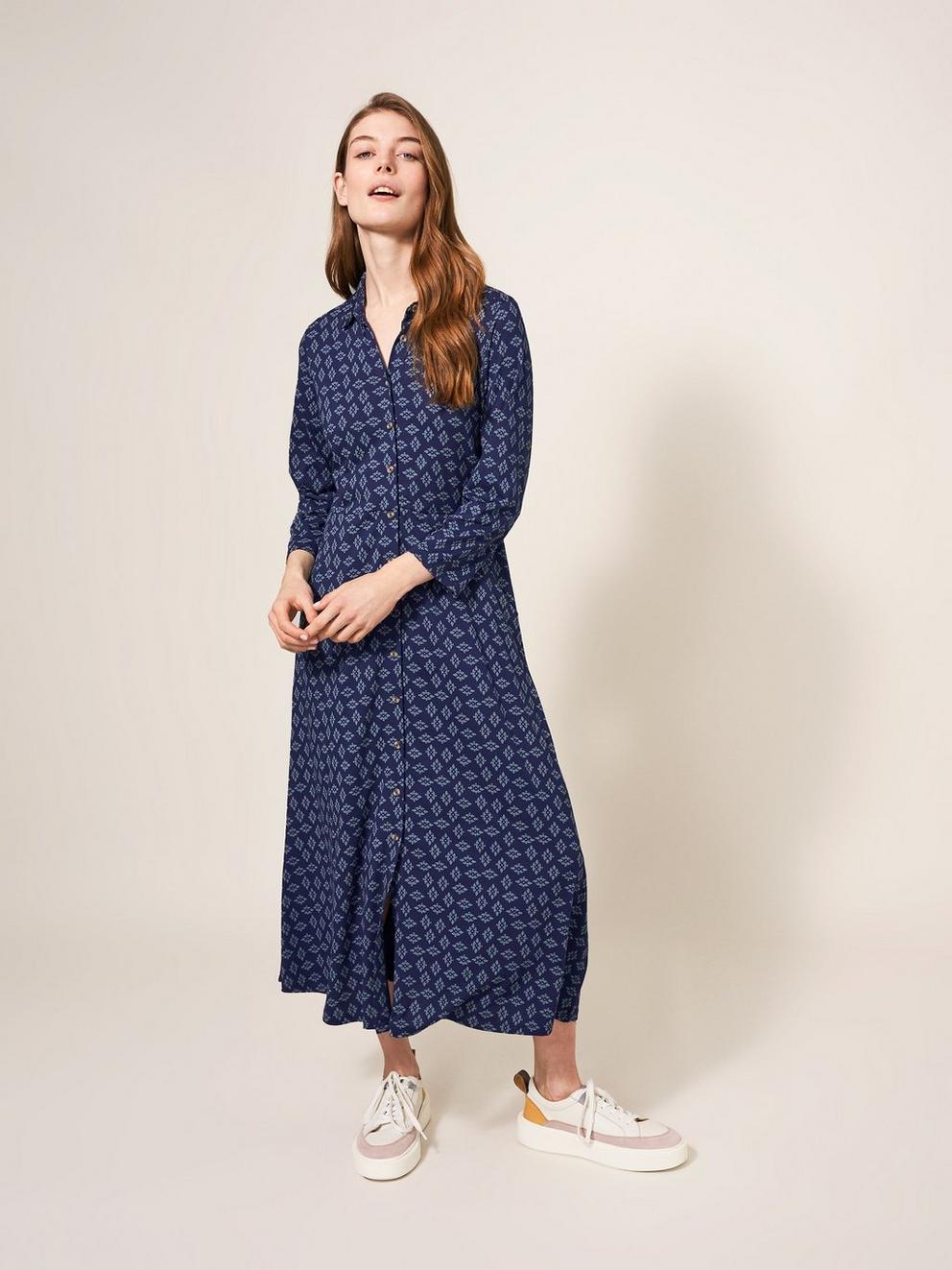 Petra Cord Dress in VELVET BLUE PRINT - MODEL FRONT