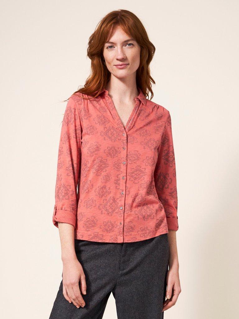 Dot To Dot Cord Shirt in AMBER ORANGE PRINT - MODEL DETAIL