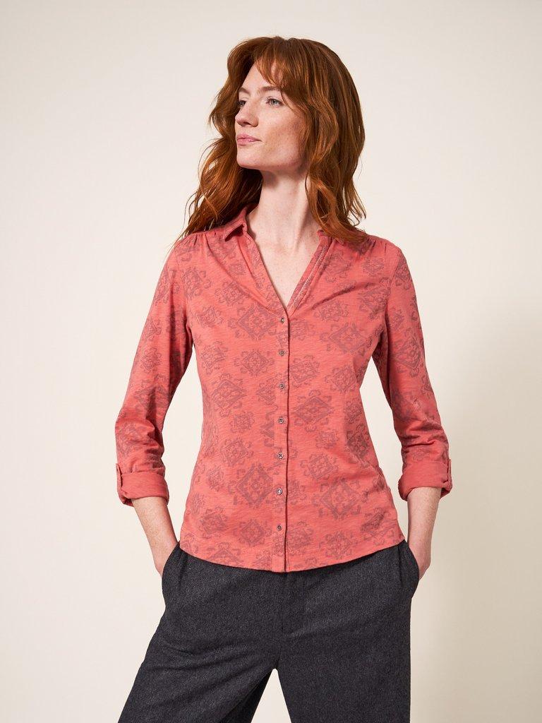 Dot To Dot Cord Shirt in AMBER ORANGE PRINT - MODEL FRONT