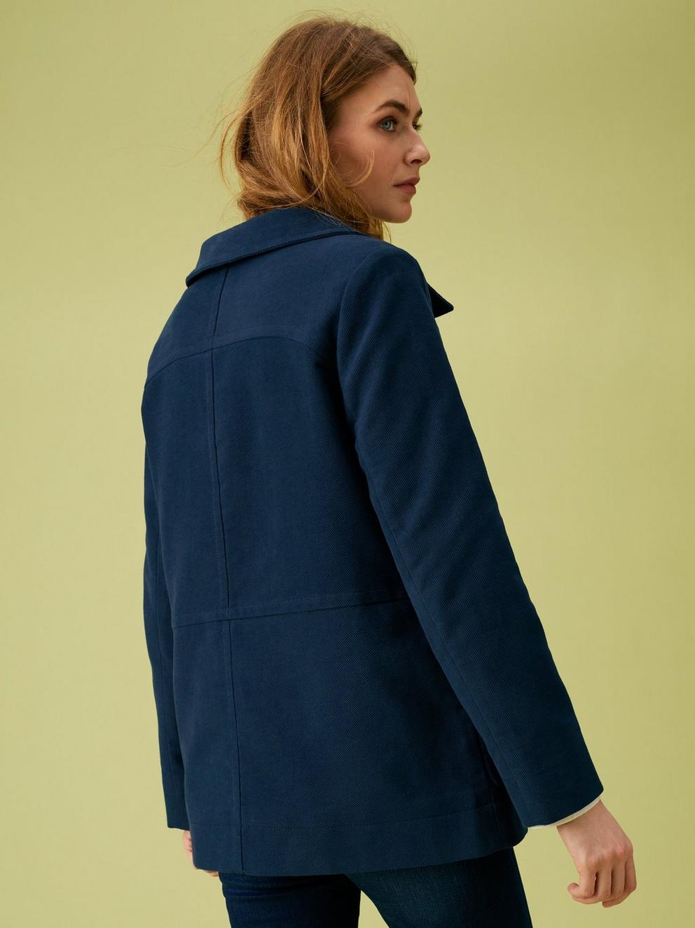 Fern Twill Moleskin Coat in TEAL - MODEL BACK