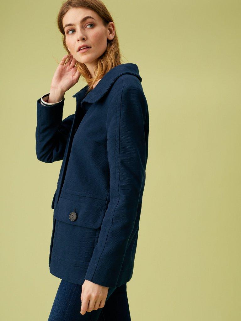 Fern Twill Moleskin Coat in TEAL - MODEL FRONT