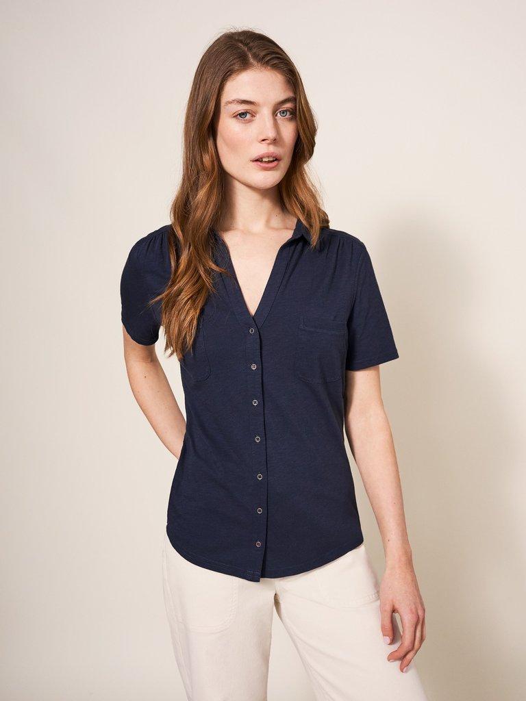 Organic Joyful Jersey Tee in NAVY PLAIN - MODEL FRONT