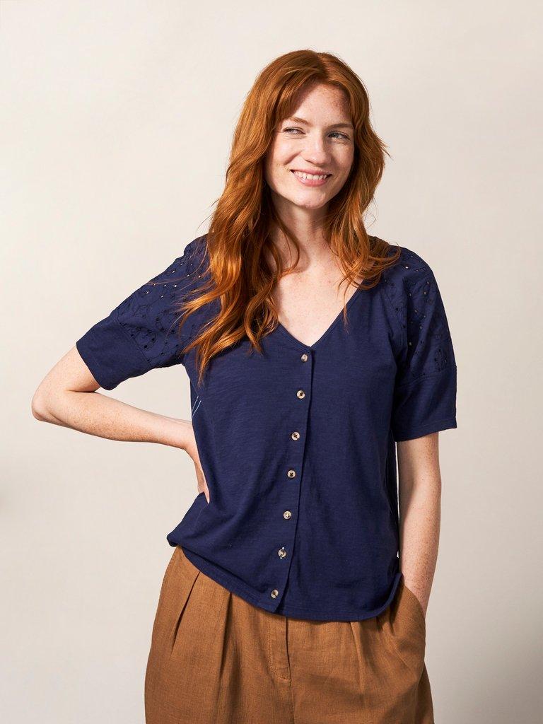 Organic Wrap Me Up Jersey Tee in NAVY PLAIN - MODEL FRONT