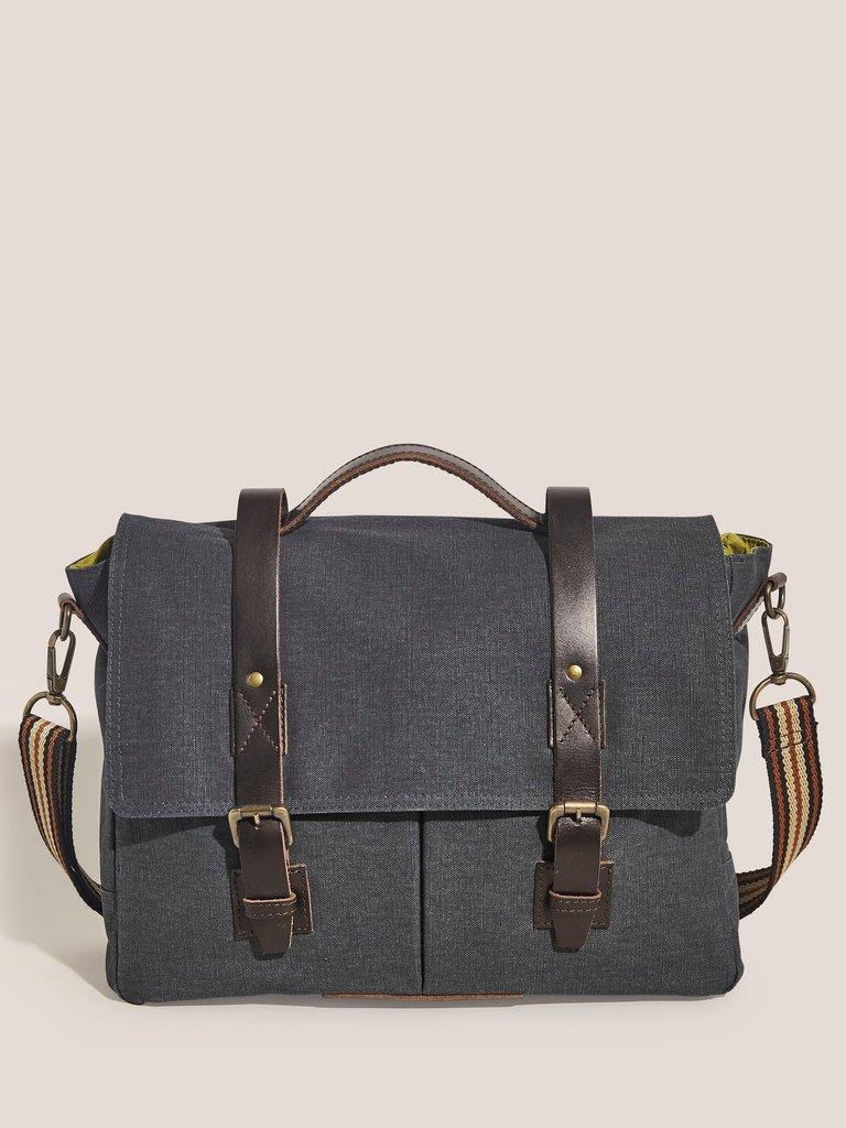 Scout Organic Cotton Messenger in CHARC GREY - MODEL FRONT
