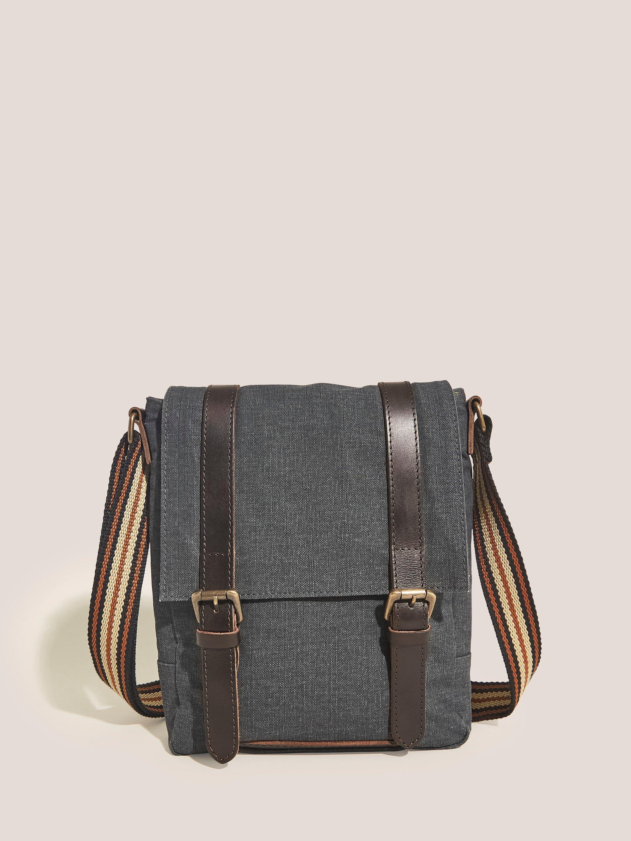 Scout Organic Cotton Crossbody in CHARC GREY - MODEL FRONT