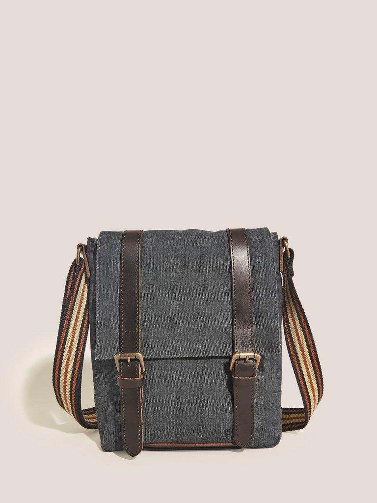 Scout Organic Cotton Crossbody in CHARC GREY - MODEL FRONT