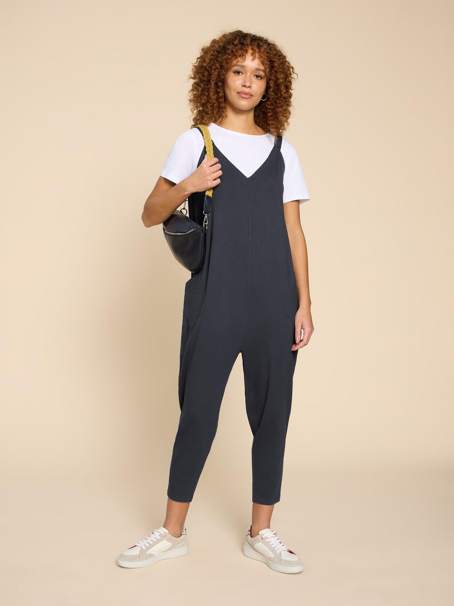 Selina Jersey Jumpsuit in CHARC GREY - MODEL FRONT