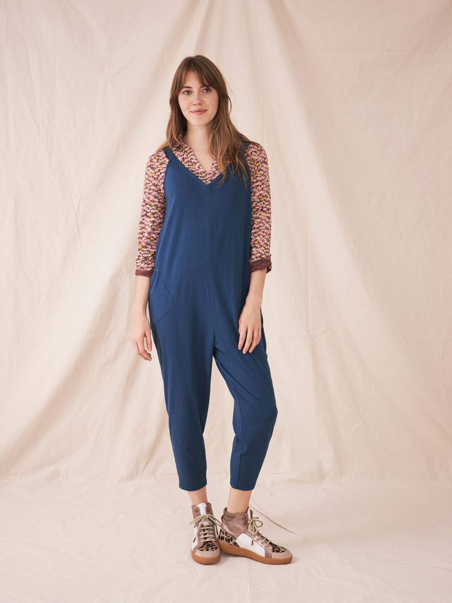 Selina Jersey Jumpsuit in MID BLUE - MODEL FRONT