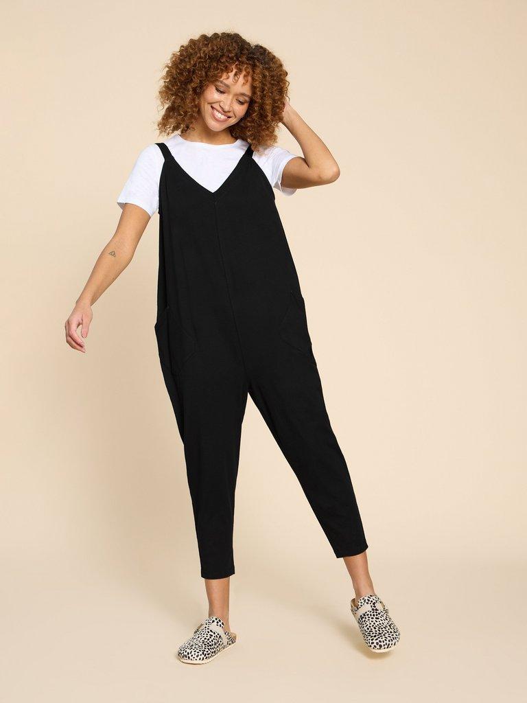 Selina Jersey Jumpsuit in PURE BLK - MODEL FRONT