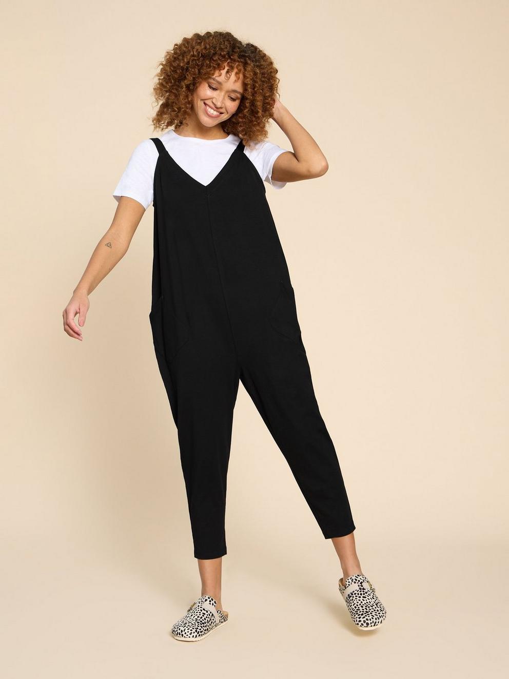 Selina Jersey Jumpsuit in PURE BLK - MODEL FRONT