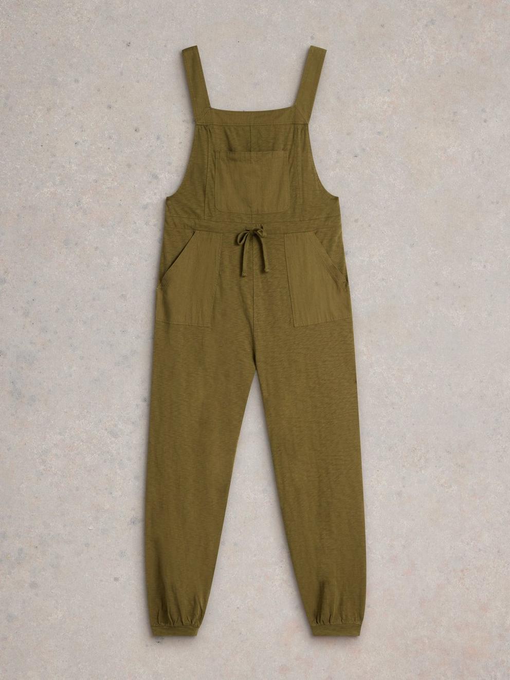 Daphne Jersey Dungaree in KHAKI GRN - FLAT FRONT