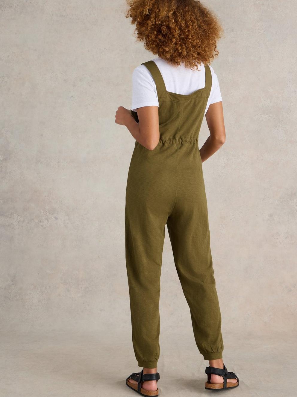 Daphne Jersey Dungaree in KHAKI GRN - MODEL BACK