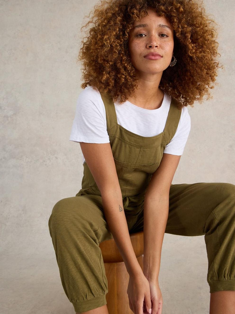 Daphne Jersey Dungaree in KHAKI GRN - MODEL DETAIL