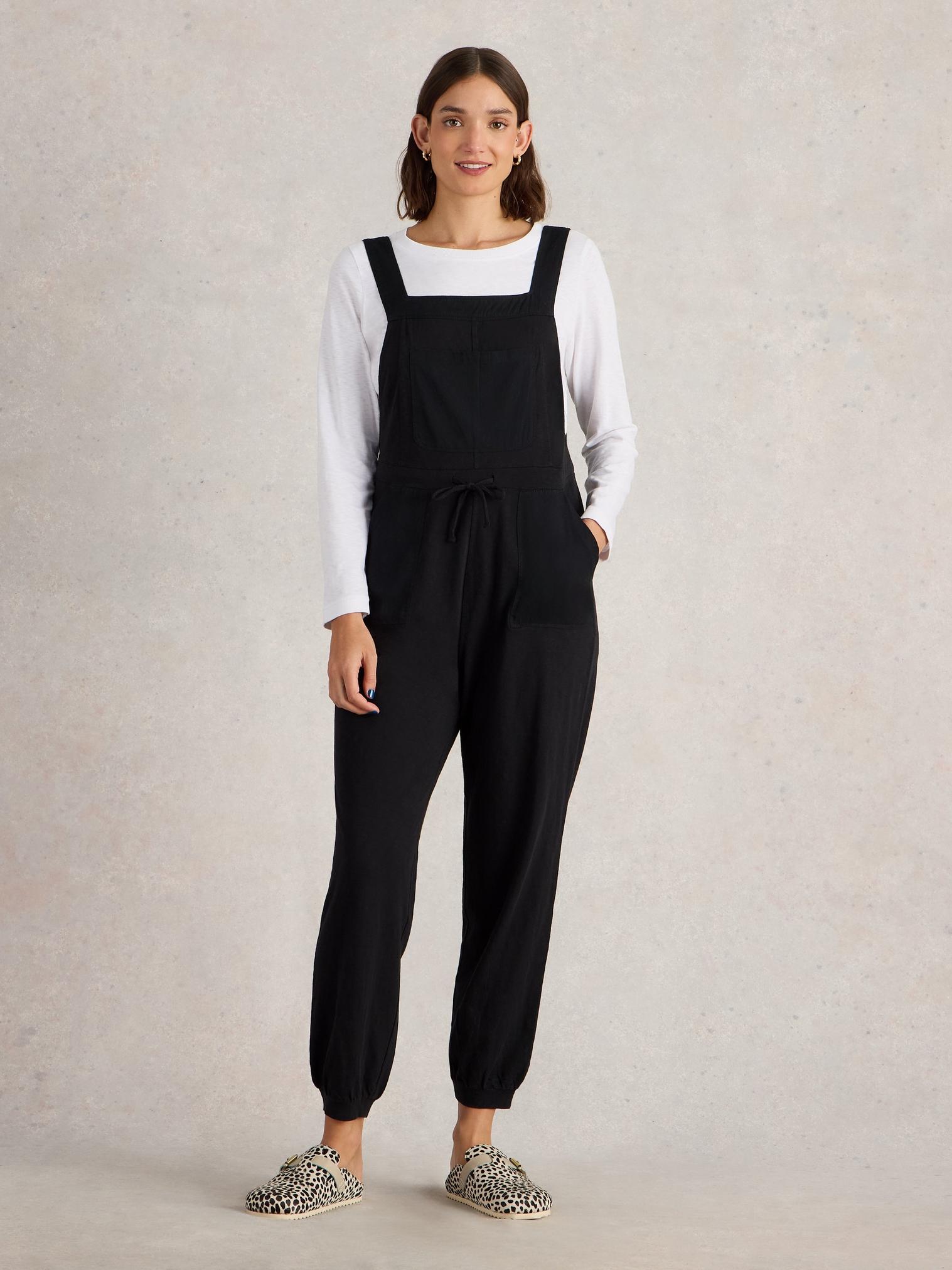 Daphne Jersey Dungaree in PURE BLK - MODEL FRONT