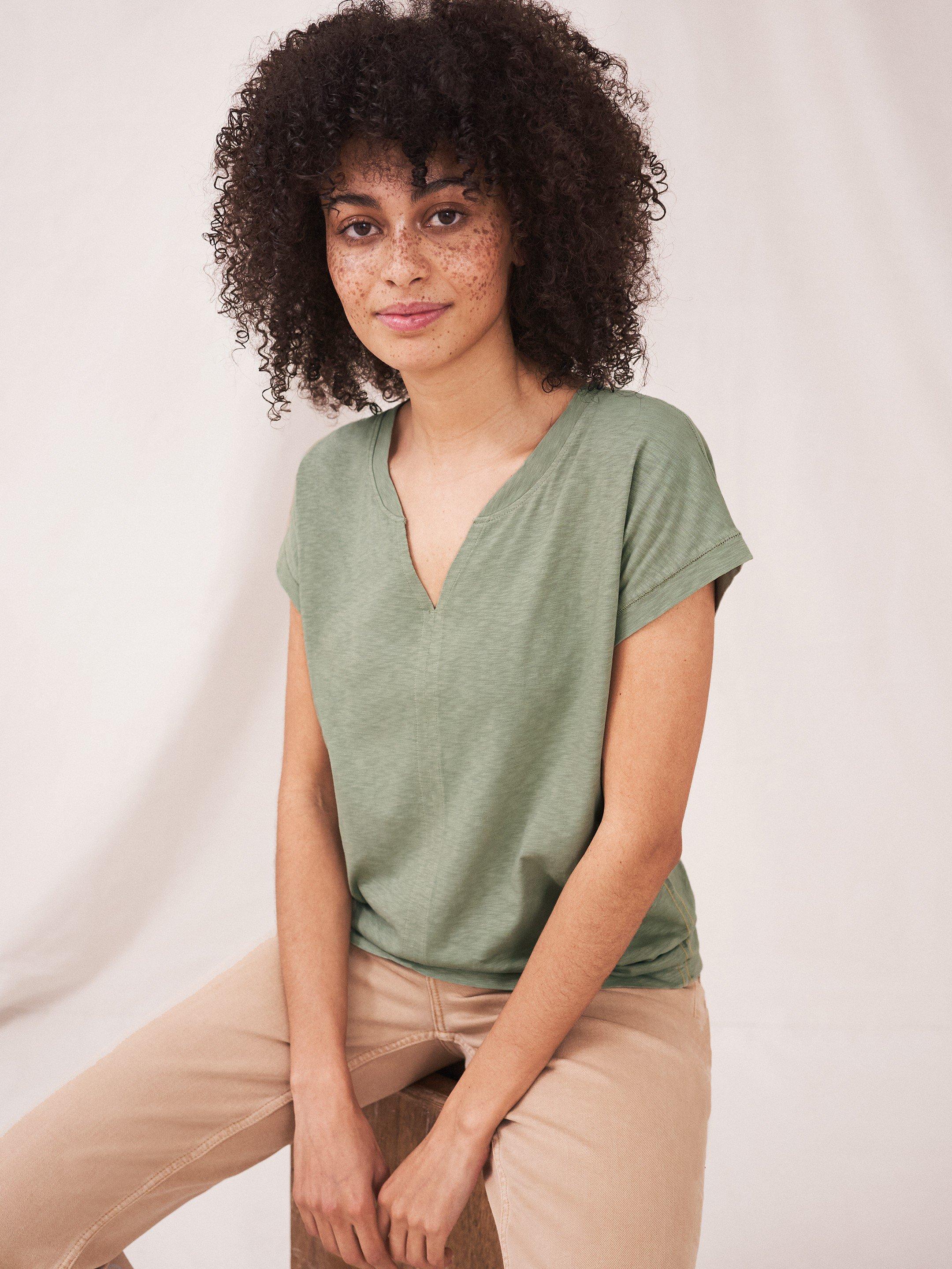Nelly Notch Tee in MID GREEN - MODEL FRONT