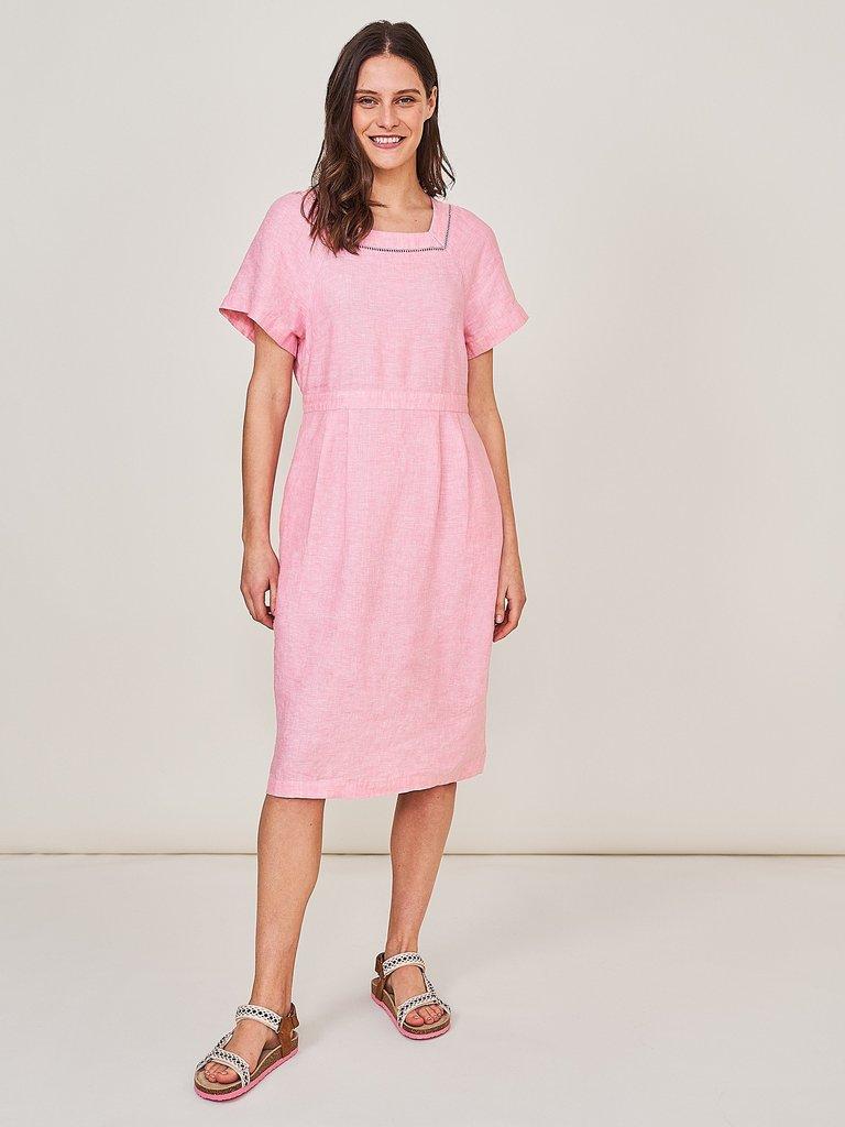 Dixie Linen Dress in MID PINK - MODEL FRONT