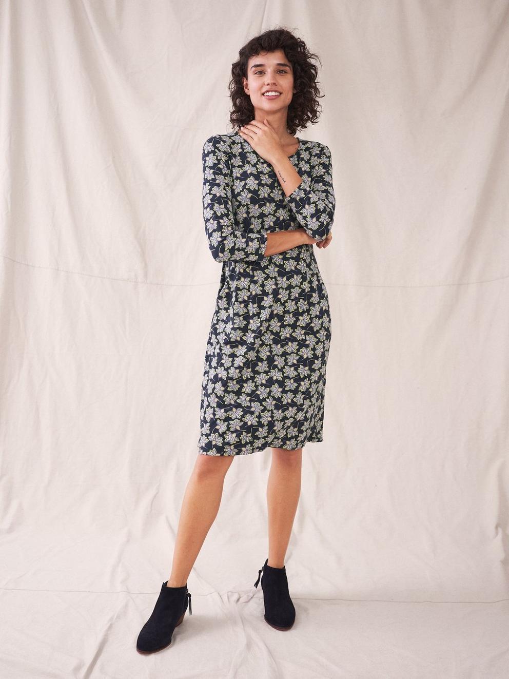 Becca Eco Vero Dress in NAVY MULTI - MODEL FRONT