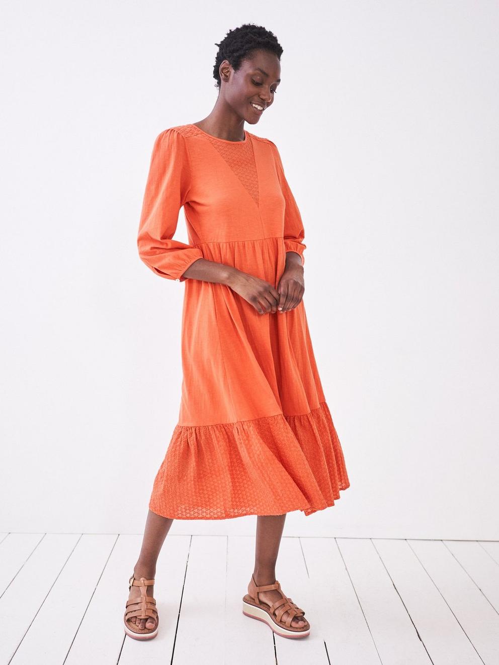 Nigella Jersey Dress in CORAL MLT - MODEL FRONT