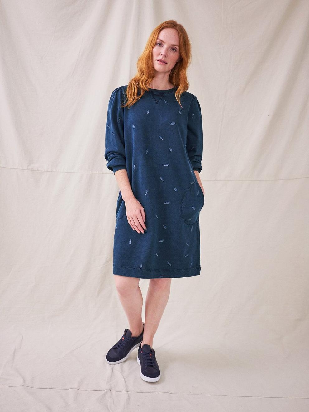 Lizzi Jersey Sweat Dress in MID DENIM - MODEL FRONT