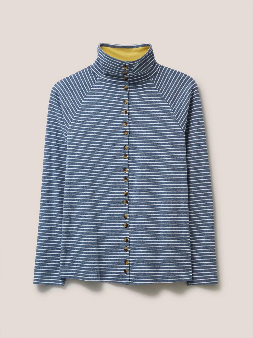 Billy Button Through Roll Neck in BLUE MLT - FLAT FRONT