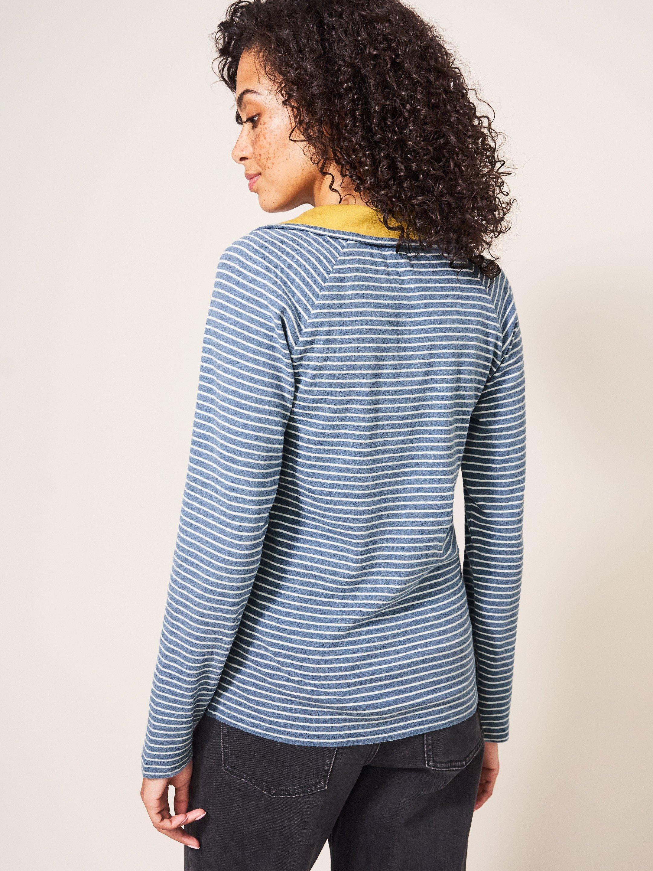 Billy Button Through Roll Neck in BLUE MLT - MODEL BACK